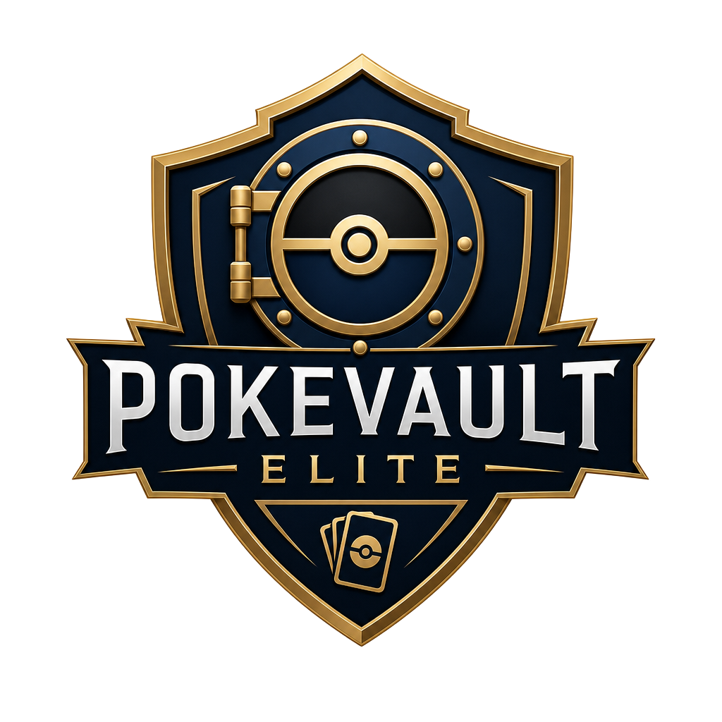 PokeVault Elite shield and vault wordmark in navy, gold, and silver